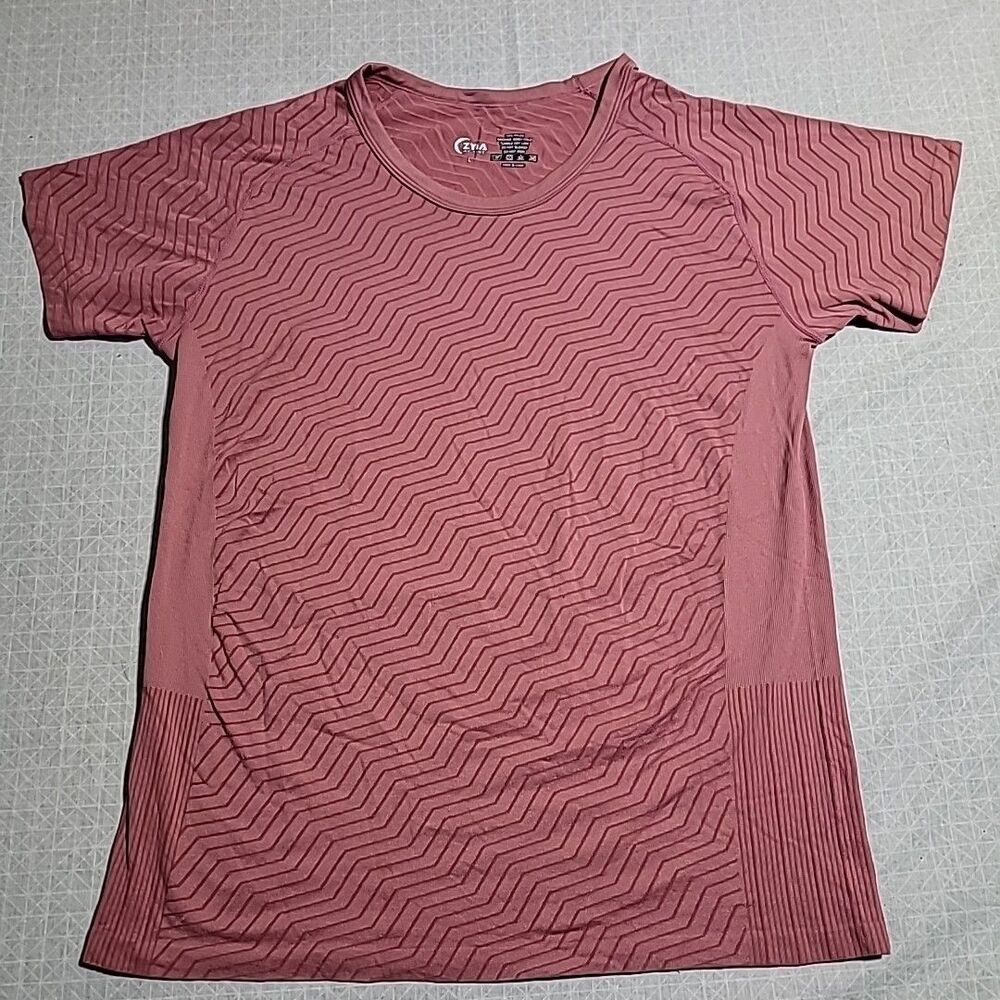 ZYIA Active Short Sleeve Zigzag Print Tee Shirt Pink Womens Size L